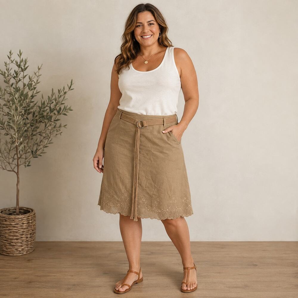 Sasson embroidered linen blend lined belted skirt size 12 boho classic